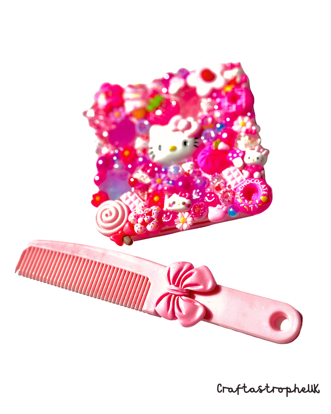 Hello Kitty Pink Handheld Mirror & Comb Set – Kawaii Decoden Beauty Set Hair Accessories